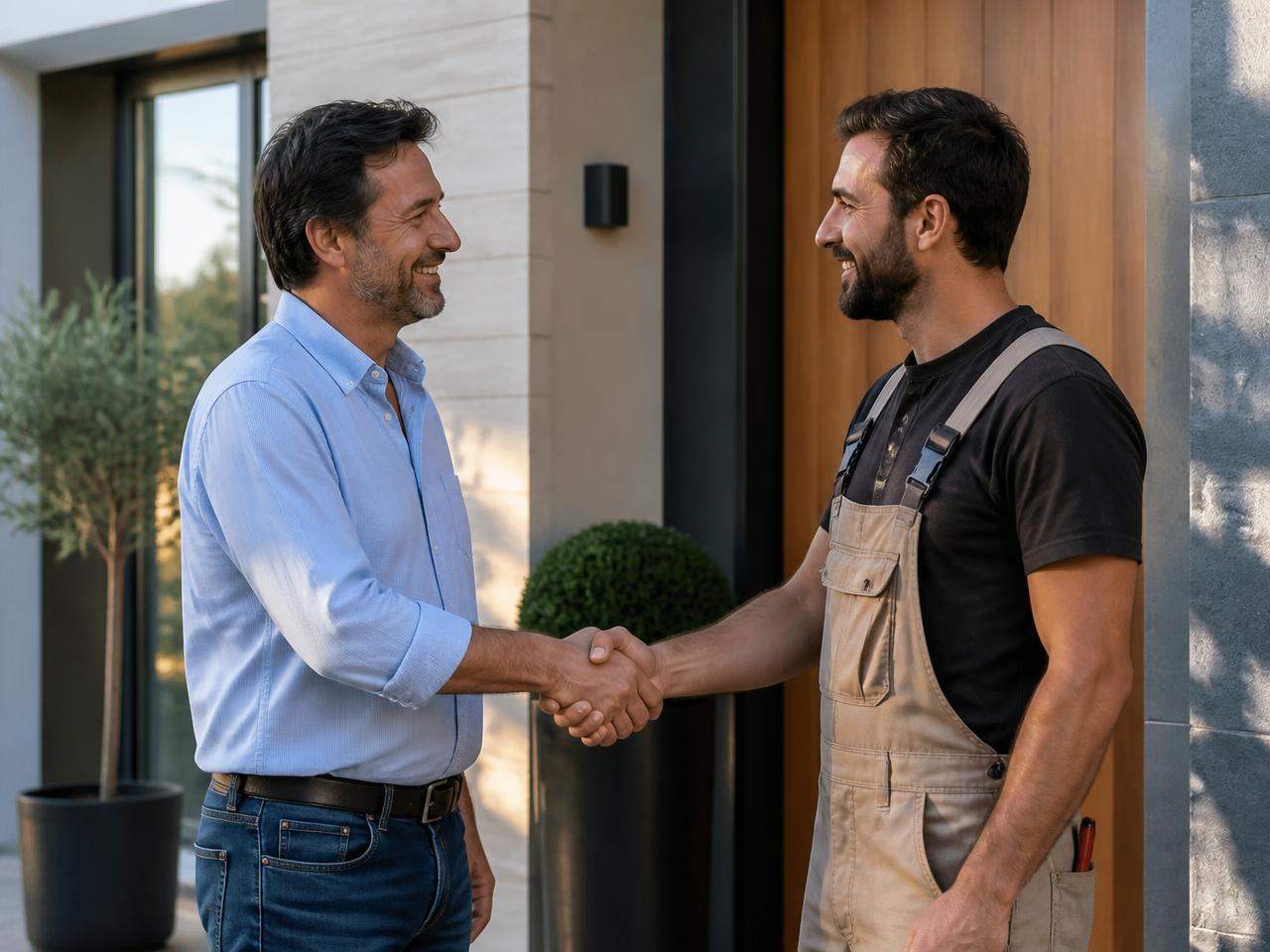 Cliente e artigiano si stringono la mano davanti a una casa dopo un lavoro concluso